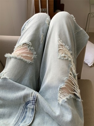 Real shot of summer high waist ripped beggar pants loose embroidered straight leg slimming wide leg long jeans for women