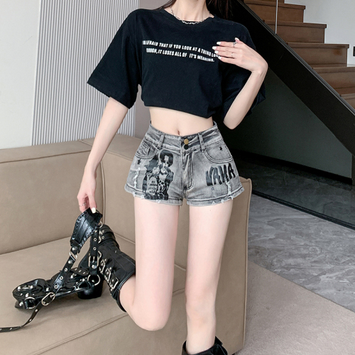 Real shot ~ American retro hottie low-waist denim shorts women's summer straight slim printed hot pants