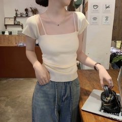 Spring and summer Korean style slim-fit square neck pleated design versatile sweater short-sleeved women's top