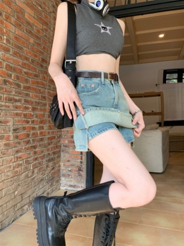 Real shot of summer high-waisted anti-exposure A-line slit denim skirt hot girl denim shorts skirt