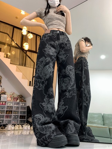 Actual shot~Chinese trend dragon pattern printed wide leg jeans for women covering flesh, high waist, loose slimming floor mopping pants