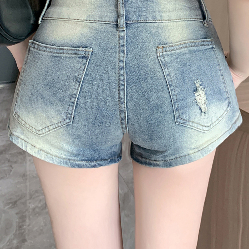 Real shot~Sexy denim shorts, sweet and cool hot girl American retro high street washed and distressed comfortable hot pants