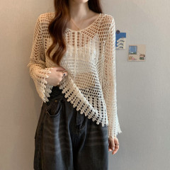 Hollow Knitted Blouse Women's Summer Loose Thin Sunscreen Air Conditioning Shirt Designed Lace Top