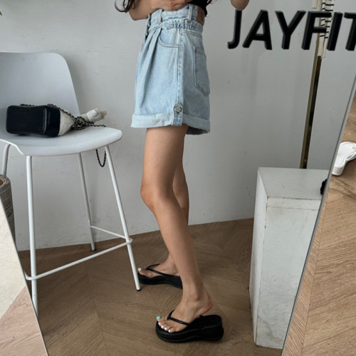 New summer two-button high-waist curled denim shorts