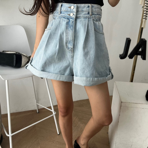 New summer two-button high-waist curled denim shorts