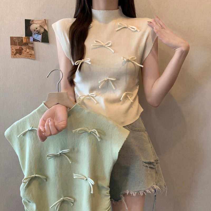 Real shot 2024 sweet ballet style bow half turtleneck short sleeve summer slimming short mint mambo