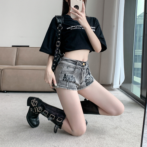 Real shot ~ American retro hottie low-waist denim shorts women's summer straight slim printed hot pants