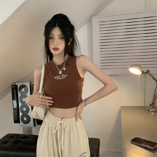 Hot girl white letter embroidered racer vest for women's outer wear trendy summer slim fit sleeveless short T