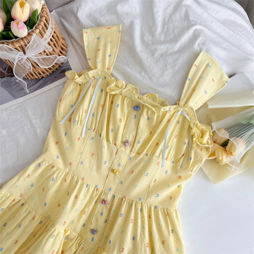 Acaine mid-length yellow polka-dot square neck waist a-line suspender dress women's summer French sweet skirt