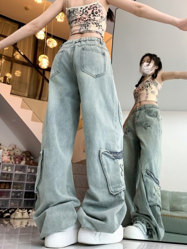 Actual shot~Butterfly pocket cargo jeans for women, loose high-waisted slimming and versatile trousers for women