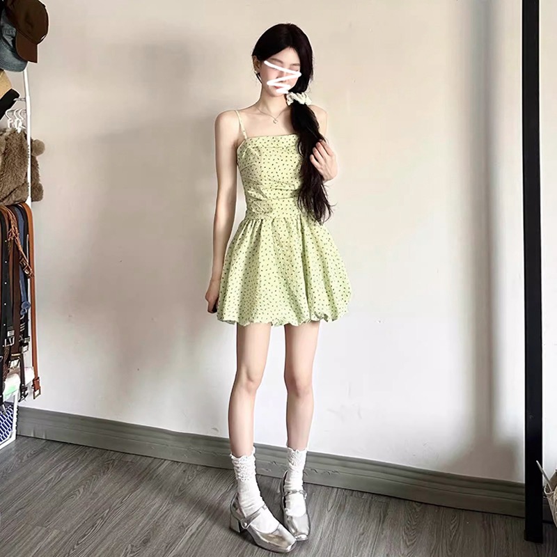 Sweet version of strapless tube top sexy green floral skirt waist slimming forest girl flower bud dress