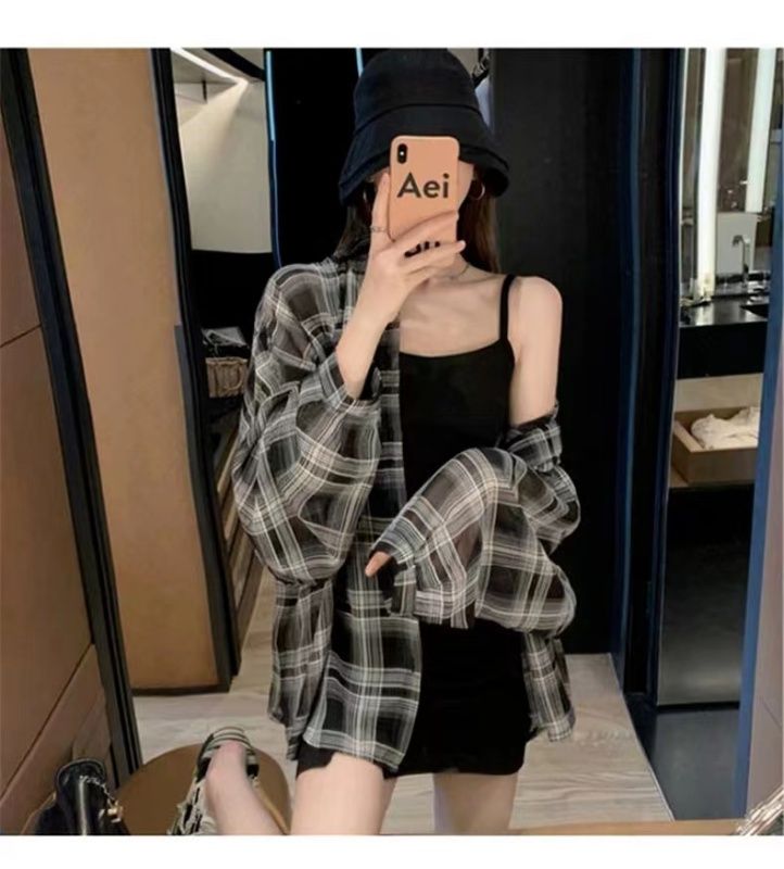 New summer thin shirt, French early spring top, loose plaid shirt, women's plaid design sun protection shirt