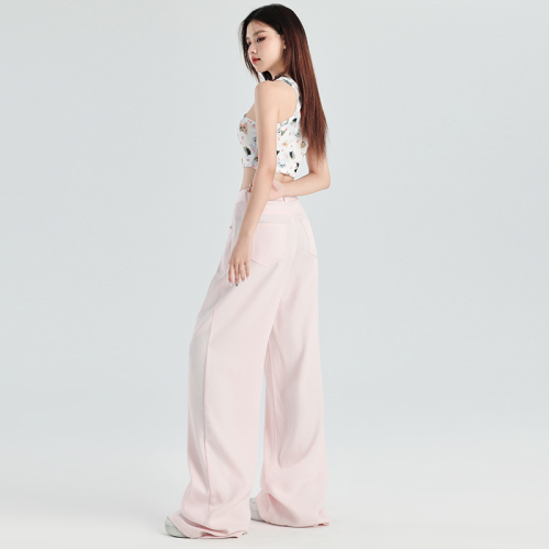 Actual shot of Tencel cool starry pattern thin pleated wide-leg pants white and pink