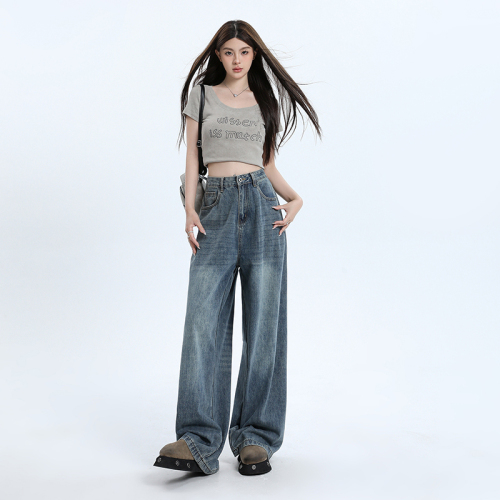 Actual shot of retro loose wide-leg pants, floor-length high-waisted, versatile straight-leg jeans for women & longer trousers