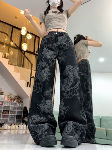 Actual shot~Chinese trend dragon pattern printed wide leg jeans for women covering flesh, high waist, loose slimming floor mopping pants