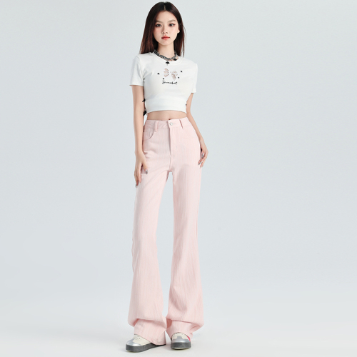 Actual shot of cherry blossom pink high-waisted non-elastic loose fit super nice boot-cut trousers with extended length