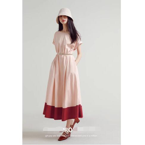 Rare probability pink mist sunset original design gentle temperament pink dress women's summer contrasting color splicing long skirt