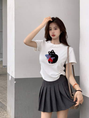 Real shot 1*1 threaded 210g short-sleeved T-shirt summer trend printed shoulder slim short round neck top for women