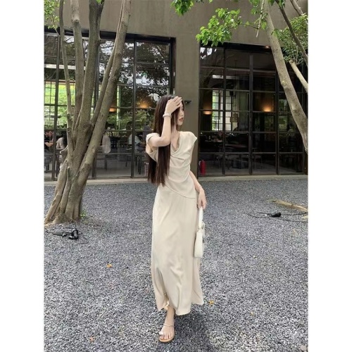 2024 Summer Wasteland Style Irregular Light Luxurious Satin Swing Collar Pleated Top High Waist Covered Hip Skirt Two-piece Set