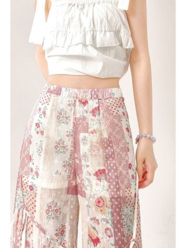 Sweet, fresh, floral, micro-flare casual pants, elastic waist, versatile trousers, slim, fashionable, wide-leg floor-length pants, trendy