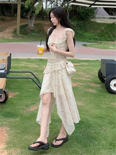 Irregular floral v-neck small flying sleeve suspender dress for women summer vacation style French waist slimming fairy long dress