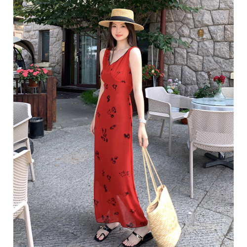 Wilderness Rose ~ Cool and romantic printed suspender skirt red bias cut drape dress vacation style long skirt summer