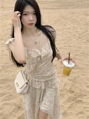 Irregular floral v-neck small flying sleeve suspender dress for women summer vacation style French waist slimming fairy long dress