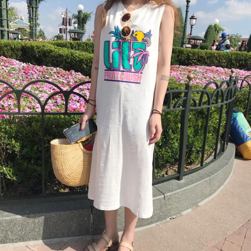 Imitation cotton milk silk# summer sleeveless small fresh loose vest slit mid-length dress