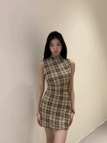 Lilo Long Island Love Letter Versatile Plaid Sleeveless Dress Women's Summer Temperament Cool Slim Retro Skirt