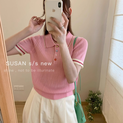 Summer new fashionable casual all-match Polo collar ice silk color buckle contrasting color sweater