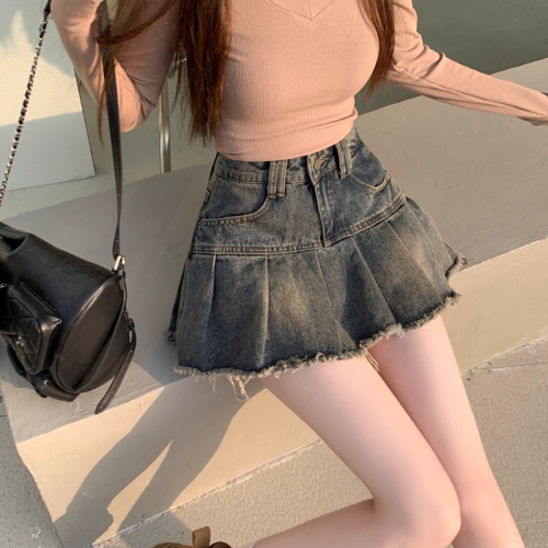 Retro Distressed Denim Half-Body Skirt for Women - Summer New Arrival, Washed and Vintage Design, High-Waisted to Cover Hips, Slimming Pleated Mini Skirt