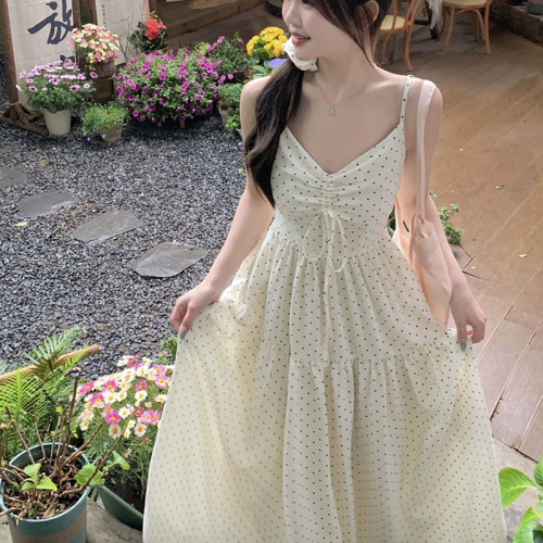 Polka-dot suspender skirt with inner dress for women 2024 summer new style waist slimming straps pleated printed long skirt