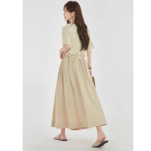 MOZAO French heart-shaped embroidered waist short-sleeved dress for women 2024 summer new style long skirt