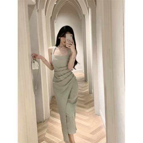 French style socialite royal sister's high-end satin long skirt slim-fit hip-hugging square-neck suspender dress new summer style