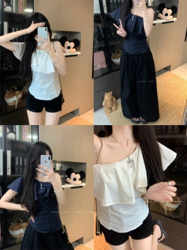 Real shot of slanted shoulder asymmetrical design shirt for women, summer collarbone ruffled top