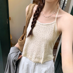 Real photos of high-end halterneck lace-up floral suspenders for women summer 2024 new outer wear pastoral forest style loose tops