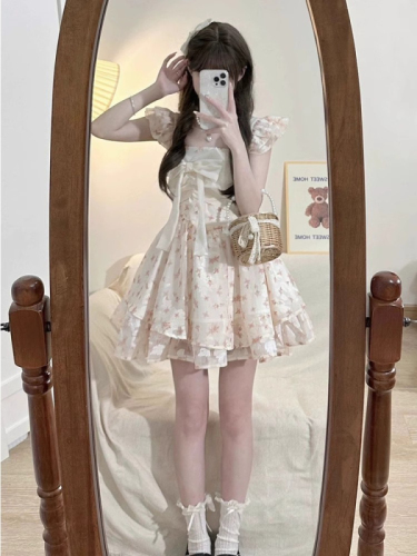 French sweet pure lust style small flying sleeves bow floral dress female petite fugitive princess tutu skirt summer