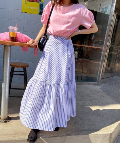 Summer Korean style niche design striped splicing high-waisted slim casual and versatile over-the-knee A-line skirt