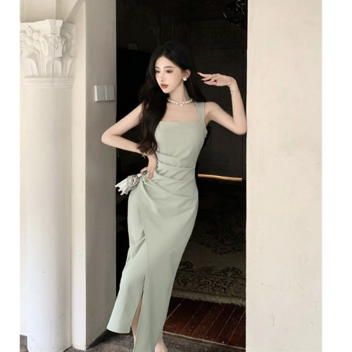 French style socialite royal sister's high-end satin long skirt slim-fit hip-hugging square-neck suspender dress new summer style