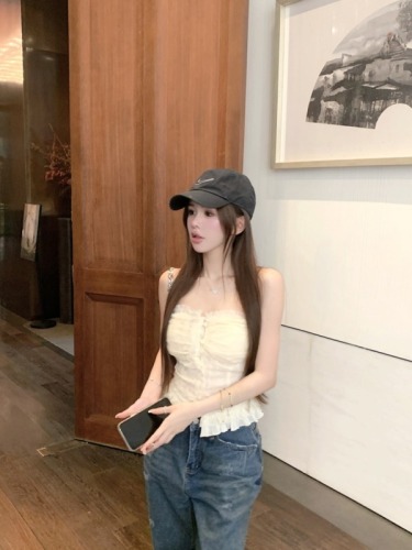 Real shot of daylight soft gauze one-shoulder lace tube top slimming slim sleeveless top heavy industry