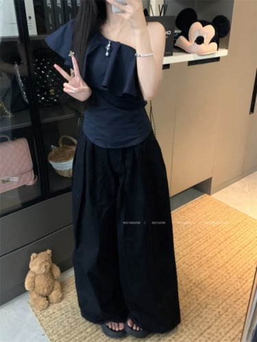 Real shot of slanted shoulder asymmetrical design shirt for women, summer collarbone ruffled top