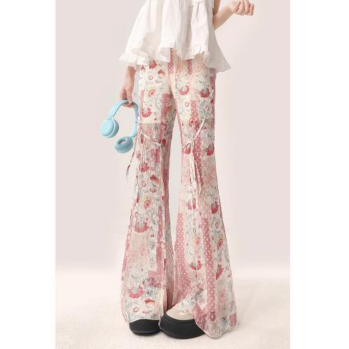 Sweet, fresh, floral, micro-flare casual pants, elastic waist, versatile trousers, slim, fashionable, wide-leg floor-length pants, trendy