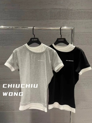 Wang Chou Chou 4/23 Niche design ANN double collar slim short-sleeved bottoming shirt versatile T-shirt for women Qin Lan same style