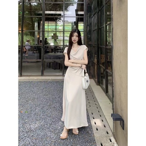 2024 Summer Wasteland Style Irregular Light Luxurious Satin Swing Collar Pleated Top High Waist Covered Hip Skirt Two-piece Set