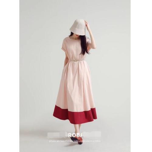 Rare probability pink mist sunset original design gentle temperament pink dress women's summer contrasting color splicing long skirt