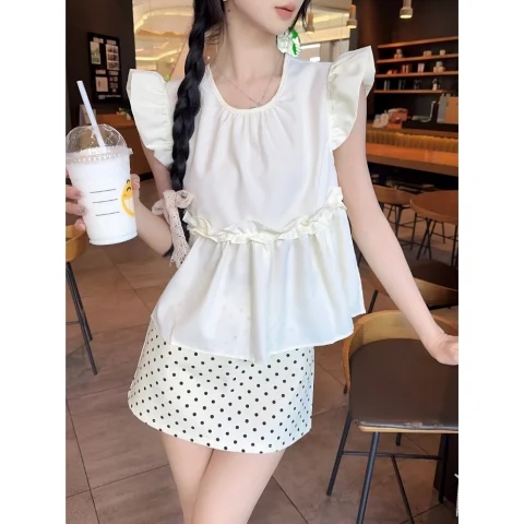 French flying sleeve shirt for women, sweet ruffled babydoll shirt, patchwork lace vest for women, summer loose round neck top