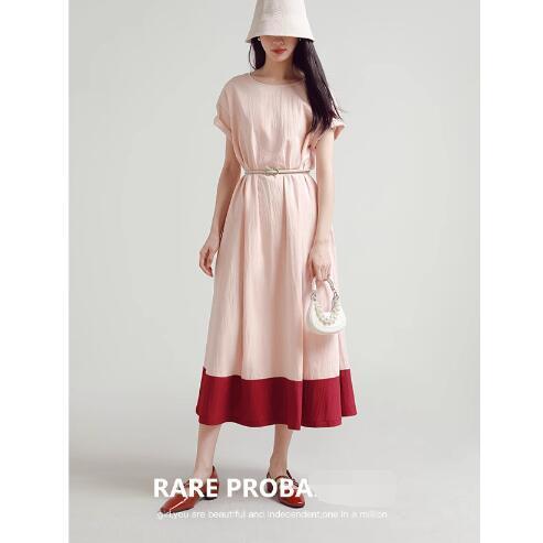 Rare probability pink mist sunset original design gentle temperament pink dress women's summer contrasting color splicing long skirt