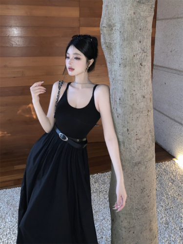 Real shot of black vest suspender dress super A cool patchwork waist sleeveless slim slim long skirt