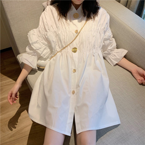 Real shot ~ Hong Kong style retro pleated mid-length shirt skirt top temperament short-sleeved dress