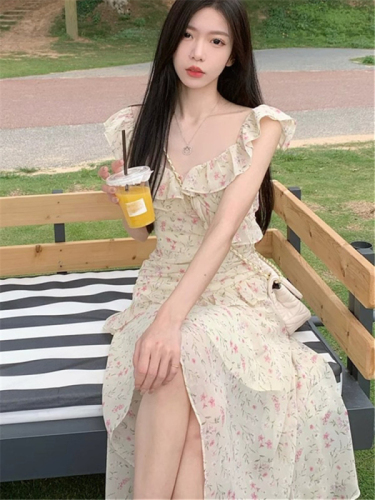 Irregular floral v-neck small flying sleeve suspender dress for women summer vacation style French waist slimming fairy long dress